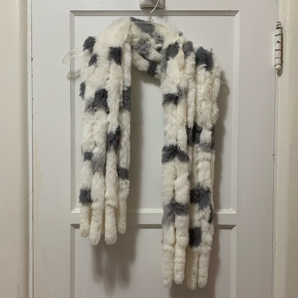 Love Token Grey and White Rabbit Fur Scarf